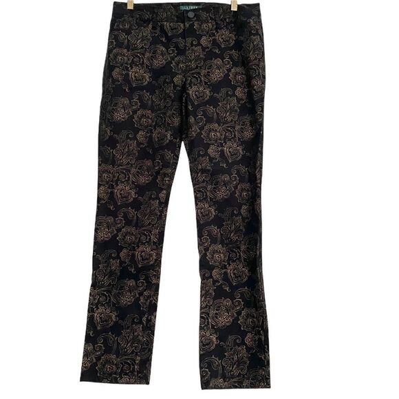 Lauren Ralph Lauren Petite Black + Gold Metallic Damask Style Print Jeans 6P - Picture 1 of 6
